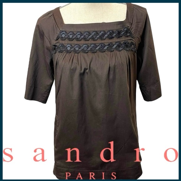 Sandro Tops - Sandro Paris Brown Black Embroidery Boatneck Elbow Sleeve Cotton Top (4)